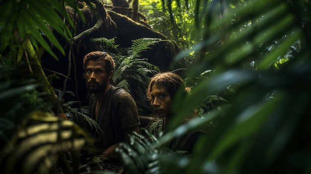 Foto een man en een vrouw die door een jungle lopen