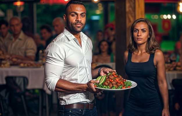 een man en een vrouw die een bord eten vasthouden met een vrouw met een bord eten