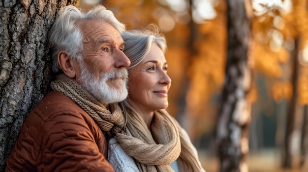 Een man en een vrouw die in de herfst tegen een boom leunen