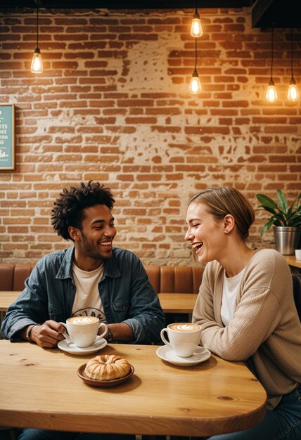 Foto een man en een vrouw die naar elkaar glimlachen en aan een tafel zitten met koffie en croissants