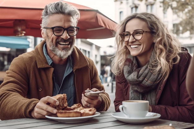 Een man en een vrouw eten een broodje en glimlachen in een café.