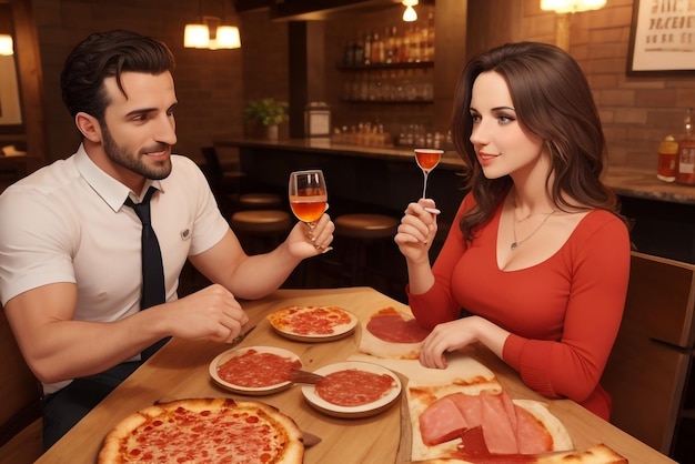 Een man en een vrouw eten heerlijke pepperoni-pizza, vergezeld van een glas whisky met ijs