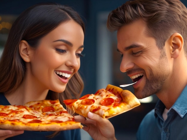 Een man en een vrouw eten pizza en glimlachen.