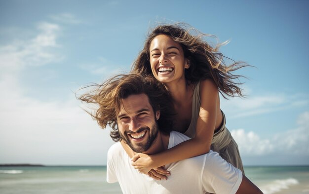 Een man en een vrouw glimlachen en lachen op het strand.