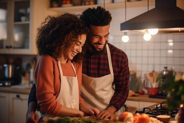 een man en een vrouw glimlachen terwijl ze eten bereiden in een keuken