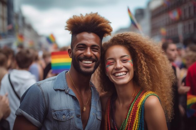 Een man en een vrouw glimlachen voor een foto voor een regenboogvlag.