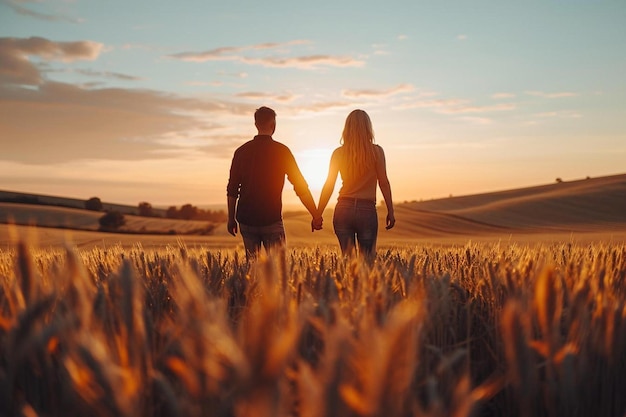 een man en een vrouw hand in hand in een tarweveld