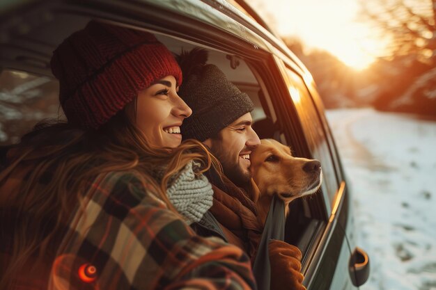 een man en een vrouw in een auto met een hond