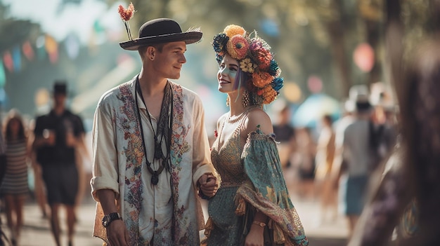 Een man en een vrouw in een festivalkostuum staan voor een menigte.