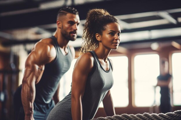 een man en een vrouw in een sportschool met een touw om hun schouders