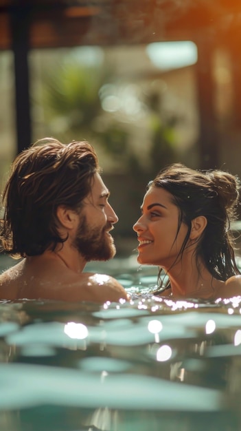 Een man en een vrouw in een zwembad met hun gezichten dicht bij elkaar ai