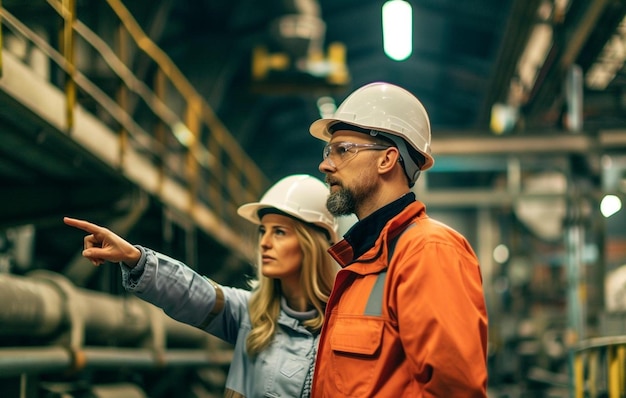 een man en een vrouw in harde hoeden staan in een fabriek