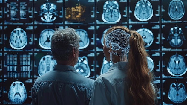 Foto een man en een vrouw kijken naar een computerscherm met een hersenscan