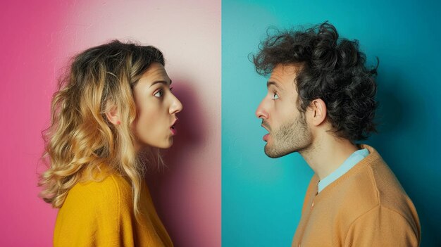 een man en een vrouw kijken naar elkaar en de vrouw draagt een geel shirt