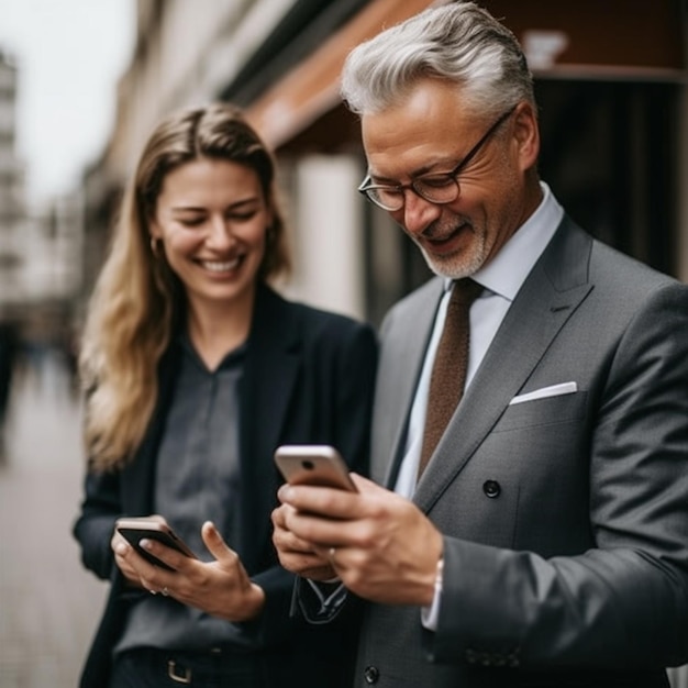 Een man en een vrouw kijken naar hun telefoons.