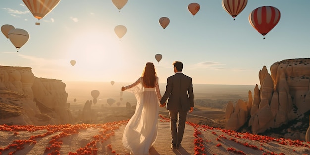 Een man en een vrouw kijken op een heuvel naar een groot aantal vliegende ballonnen