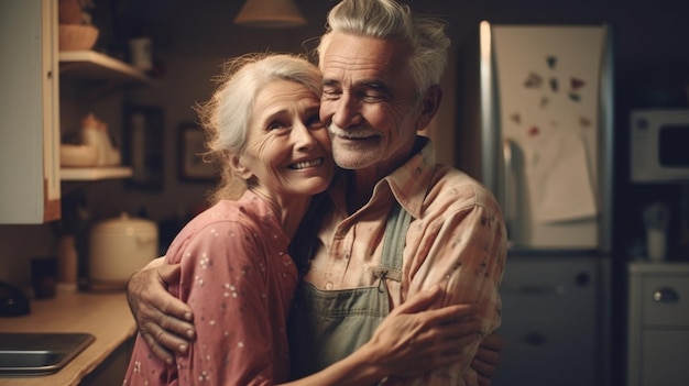 Een man en een vrouw knuffelen in een keuken.