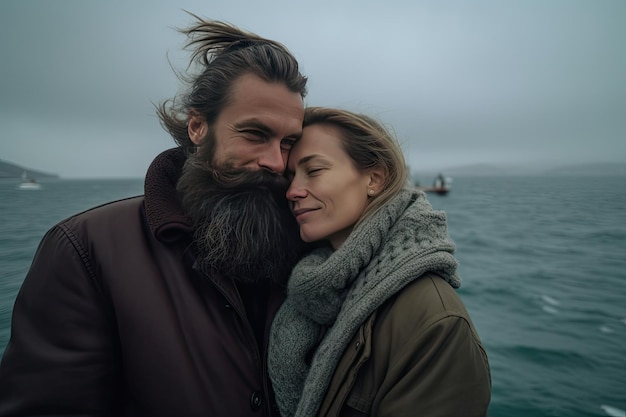 Een man en een vrouw knuffelen op een boot in het water.