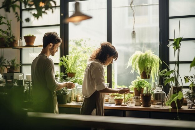 Foto een man en een vrouw koken samen in de keuken.