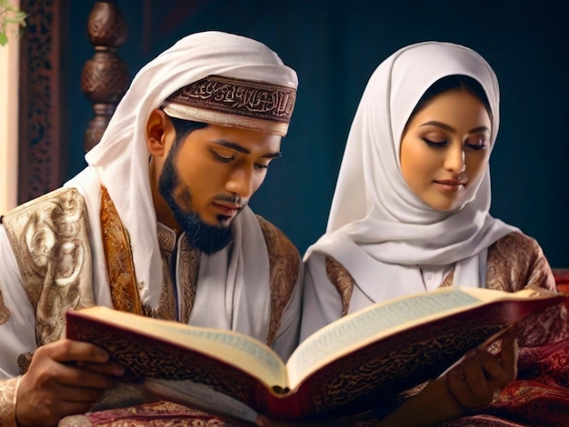 Foto een man en een vrouw lezen de heilige koran.