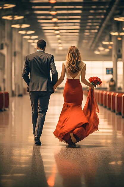 Een man en een vrouw lopen door een gang met bloemen in hun hand.