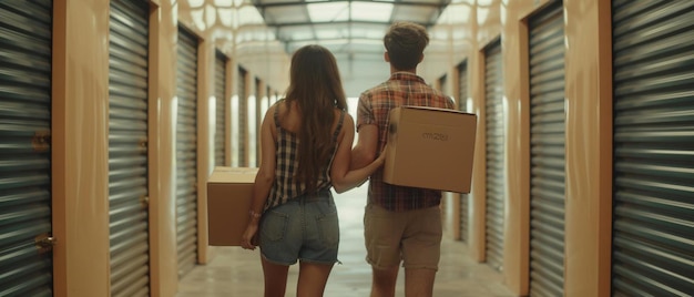 Een man en een vrouw lopen door een gang met dozen.