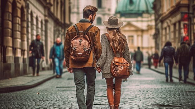 Een man en een vrouw lopen door een geplaveide straat generatief ai-beeld