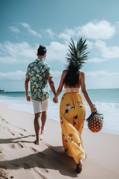 Een man en een vrouw lopen met ananas aan hun hoofd op een strand hand in hand Generatief AI-beeld