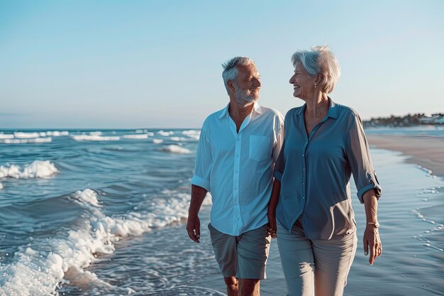 Een man en een vrouw lopen op het strand.