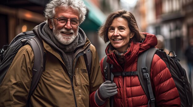 Een man en een vrouw lopen samen in een stad