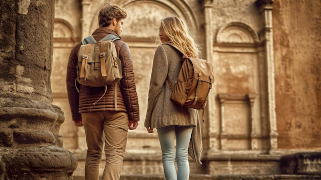 Een man en een vrouw lopen voor een generatief ai-beeld van een gebouw