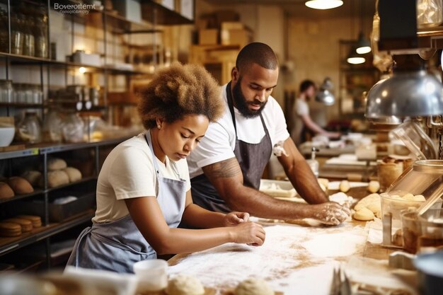 een man en een vrouw maken deeg in een bakkerij