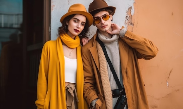 Een man en een vrouw met een gele jas en een hoed staan voor een muur.
