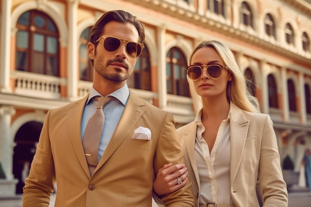 Een man en een vrouw met een zonnebril staan voor een gebouw.