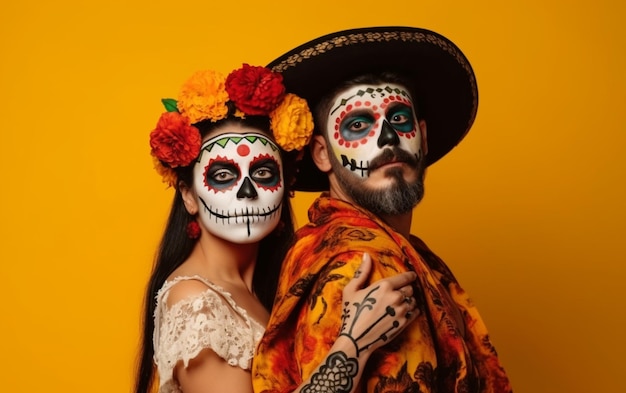 Een man en een vrouw met geverfde gezichten en een mexicaans suikerschedelmasker in cinco de mayo