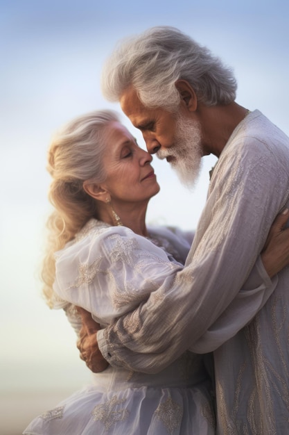 Een man en een vrouw omhelzen elkaar voor een zonsondergang.