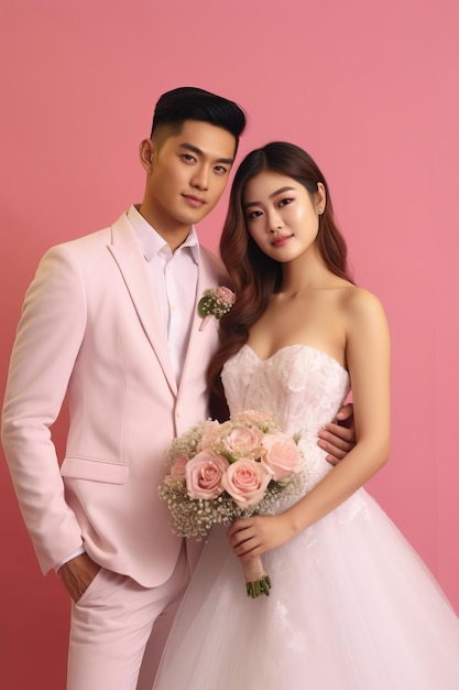 Een man en een vrouw poseren voor een foto in een roze pak en de bruid in een roze jurk.