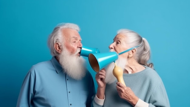 Een man en een vrouw praten in een blauwe megafoon.