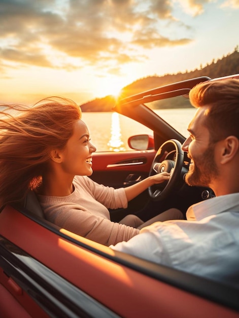 Foto een man en een vrouw rijden in een cabriolet