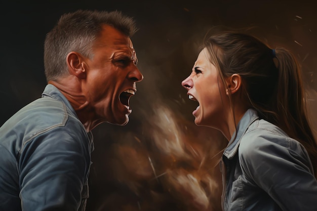 Een man en een vrouw schreeuwen tegen elkaar. Problemen in de relatie van het stel