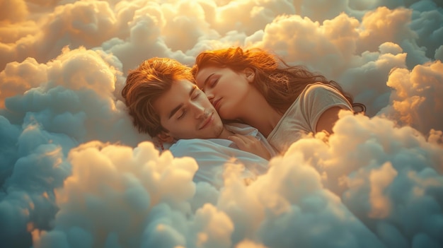 Een man en een vrouw slapen in een comfortabele wolk in de lucht. De foto suggereert buitengewoon comfort.