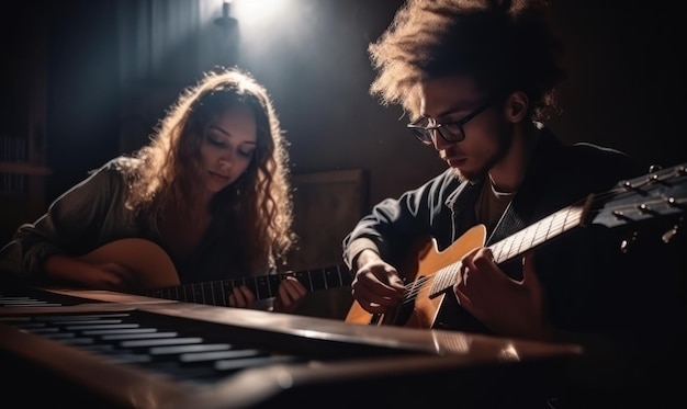 Een man en een vrouw spelen gitaar in een donkere kamer.