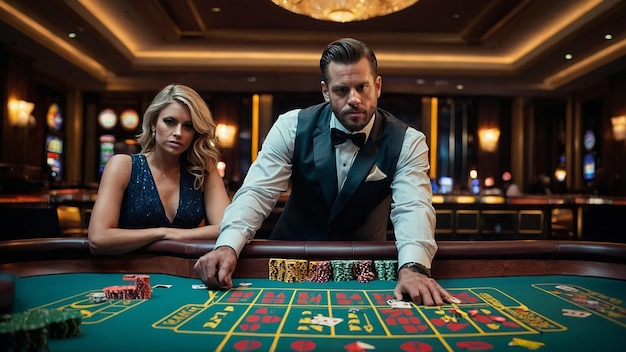 Een man en een vrouw spelen poker voor een casino.