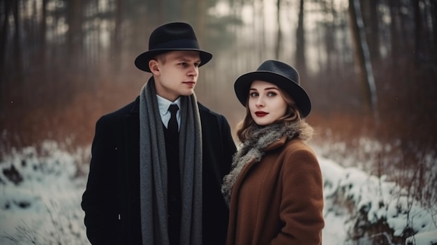 Een man en een vrouw staan in de sneeuw in een zwarte jas en hoed.