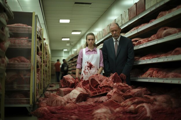Een man en een vrouw staan in een pakhuis met vlees op de vloer.