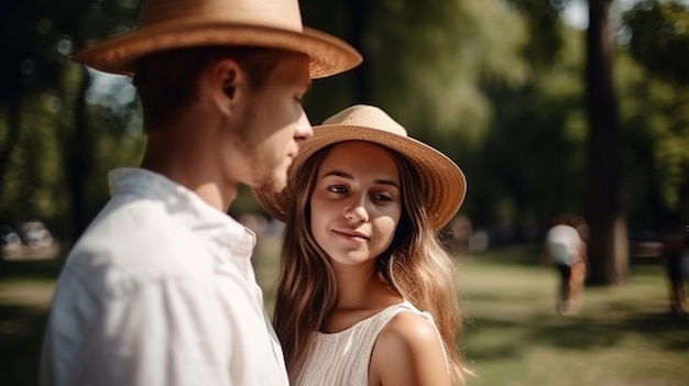 Een man en een vrouw staan in een park en het meisje draagt een hoed.