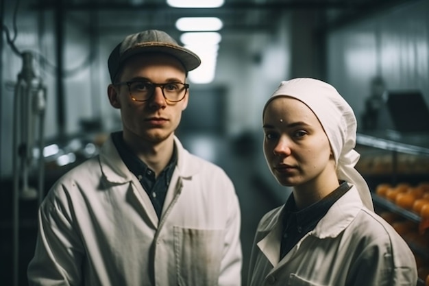 Een man en een vrouw staan in een voedselfabriek