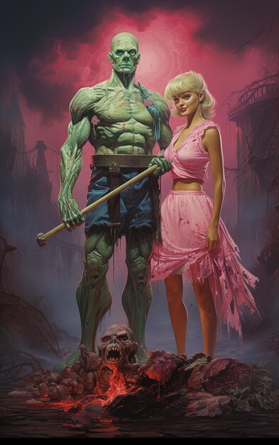 Een man en een vrouw staan naast een man in een monsterpak.