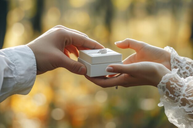 Een man en een vrouw staan naast elkaar en houden elkaar de hand terwijl ze huwelijksringen uitwisselen