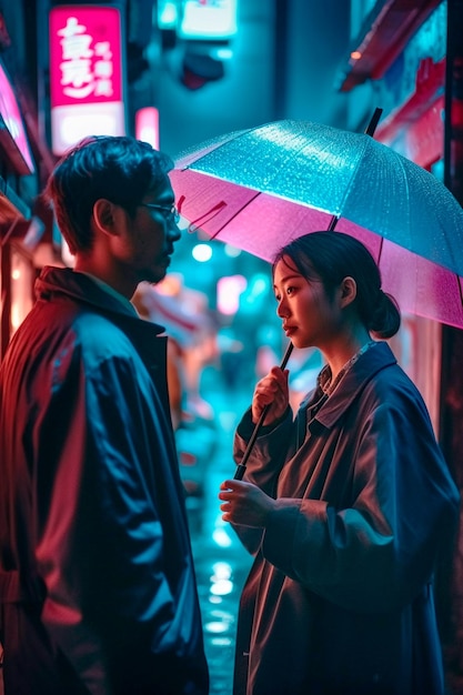 Een man en een vrouw staan onder een roze paraplu.